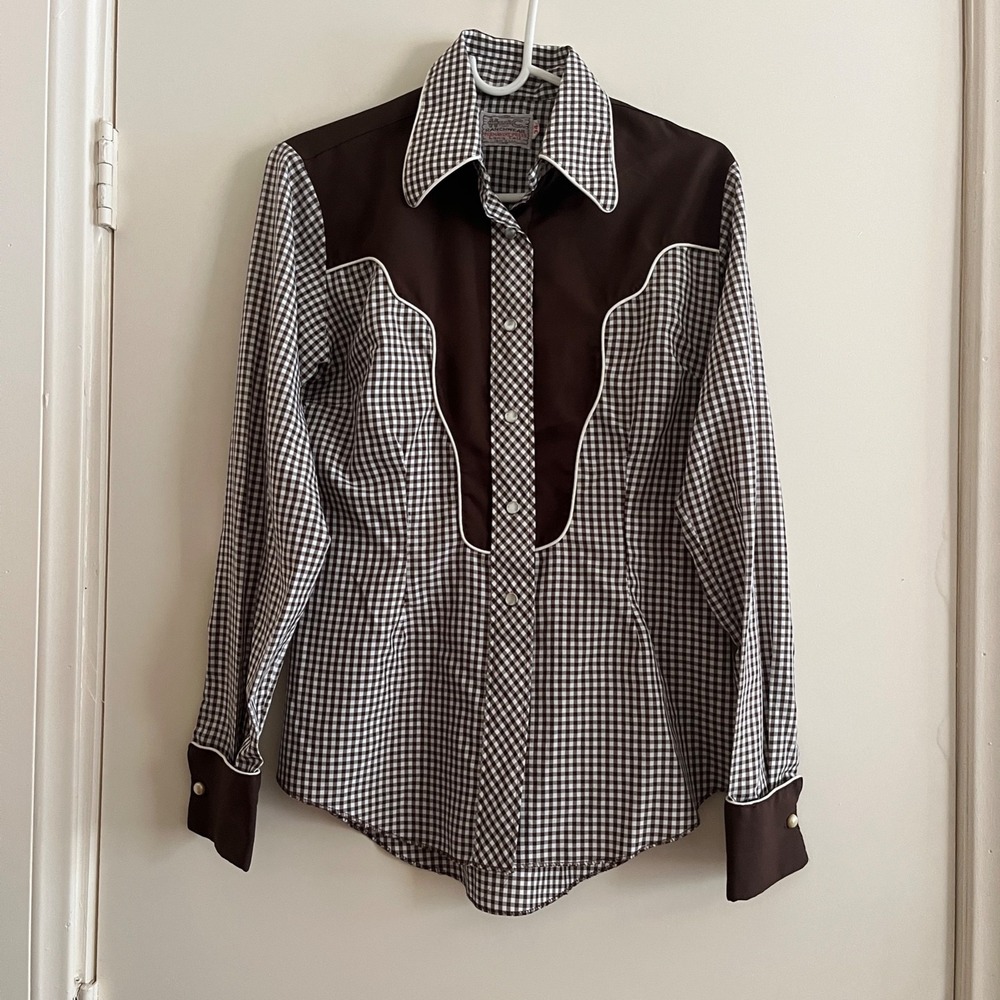 Vintage H Bar C Ranchwear Long Tail Women Gingham Pearl Snap Shirt 34 Kitsch 70s